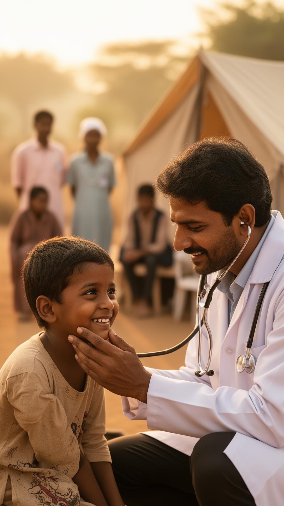 Doctor providing compassionate healthcare to a child at a community medical camp