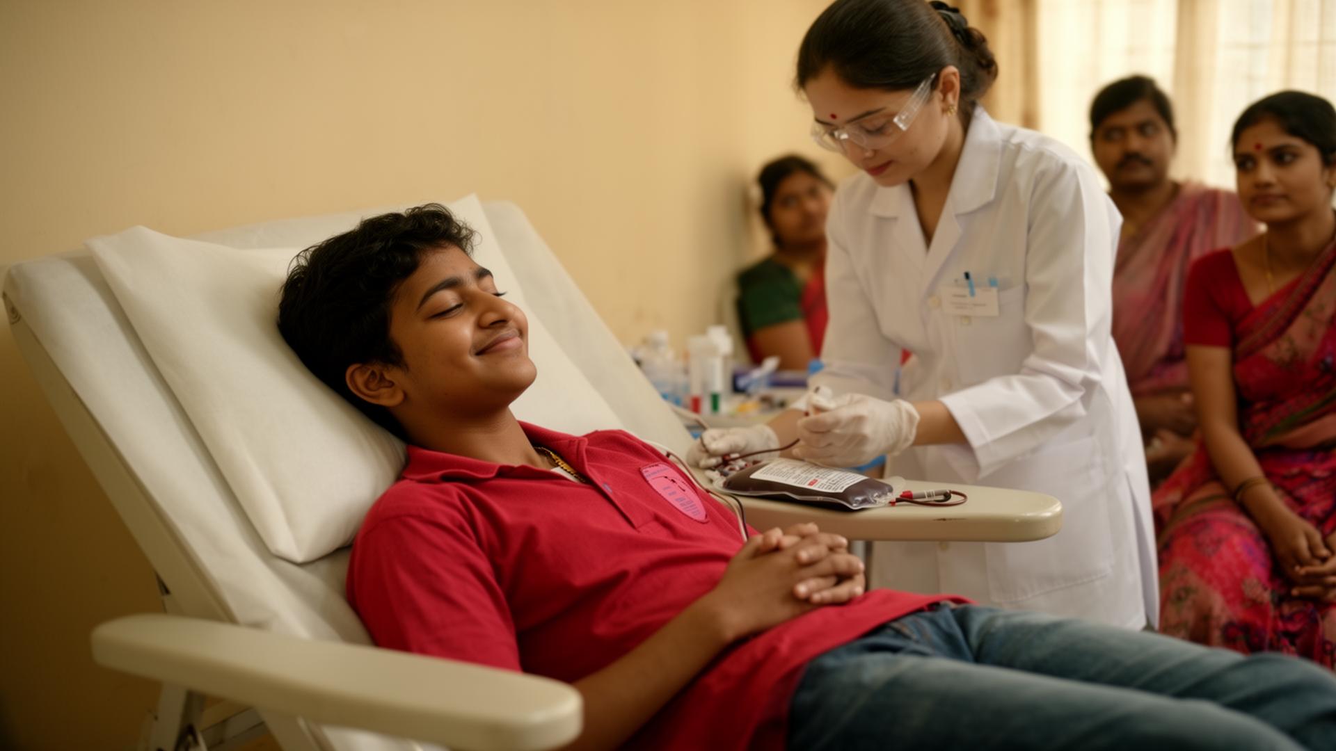 Volunteer donating blood at a Jan Udaan camp