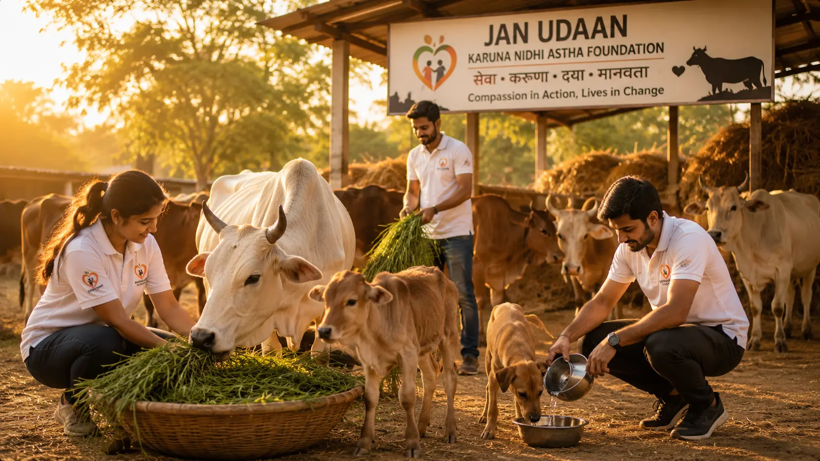 Volunteers caring for rescued cows and animals
